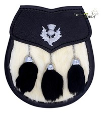 Thistle Boy Sporran White Fur Scottish/Highland White Fur 2 Tassels Free Chain