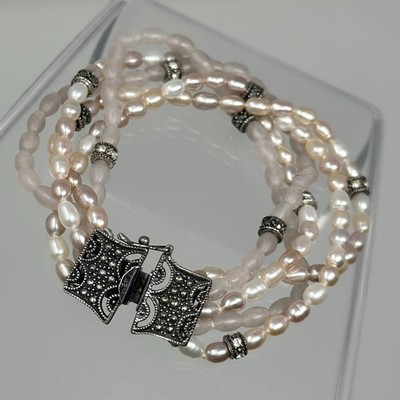 Vintage Judith Jack Sterling Marcasite Multistrand Freshwater Pearl Bracelet 7.5