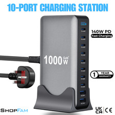 ShopFam 10 Port USB C Charging Station 140W PD GaN Fast Charger 100W Hub UK Plug