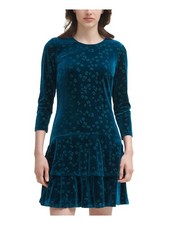 DKNY Womens Teal Hem 3/4 Sleeve Crew Neck Short Evening Fit + Flare Dress 12