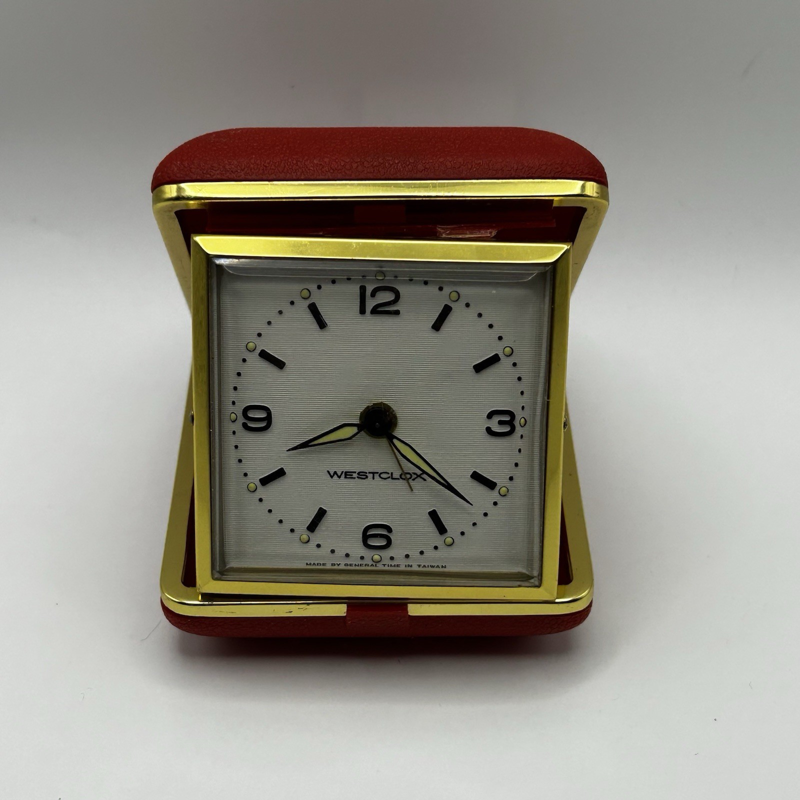 Vintage ~ WESTCLOX Wind Up Travel Alarm Clock Red Folding Case ~ All Working