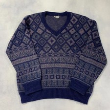 Vintage Knitted Jumper Abstract Patterned V-Neck Grandad Knit Sweater Men's L