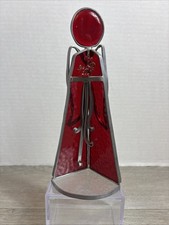 Vintage Stained Glass Angel 9  Tall Suncatcher Red Stands Holding Flowers Wings