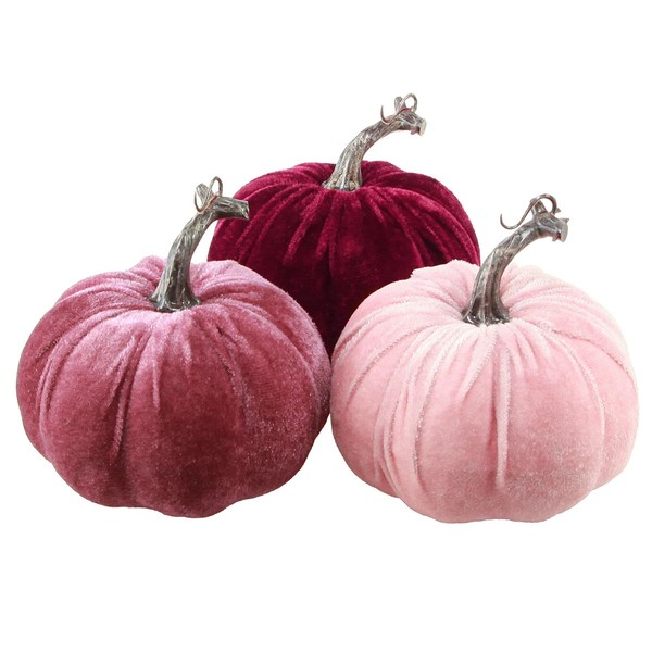 Deko KüRbisse Beflockt In Burgund Rosa Ø13Cm X H11,5Cm 3Er Set - Herbstdeko-image