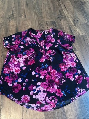 Torrid Floral Chiffon Blouse Top Pink Purple Roses Sz 00-M Romantic cottagecore