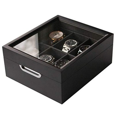 Watch Box 2x3 Black Finish with Custom Aluminum Handle 6-Slot with Real Modern