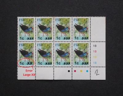 FIJI - ERROR SOBREIMPRESIÓN PROVISIONAL 1c/44c MNH PLACA BLK8 CON UNA GRANDE XX RR - Imagen 1 de 2