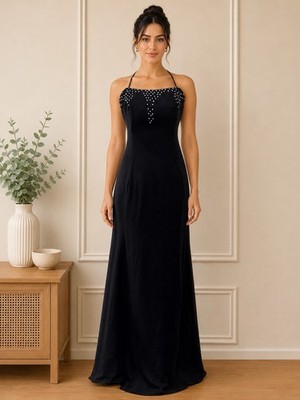 Black Rhinestone Evening Gown Maxi Dress XS/S Side Slit Adjustable Neck Tie