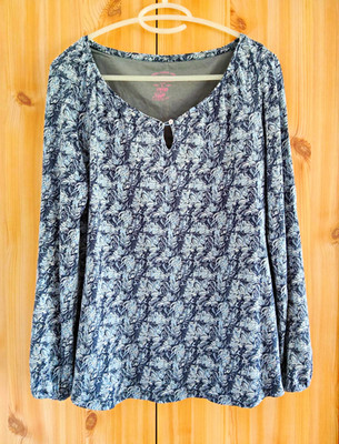 Tom Tailor Damen Bluse Blau/Weiß Blumen Langarm V-Ausschnitt Knopf Gr. L