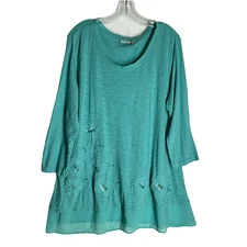 Logo Lori Goldstein Tunic Blouse Size Large Teal Blue Floral Chiffon Hem