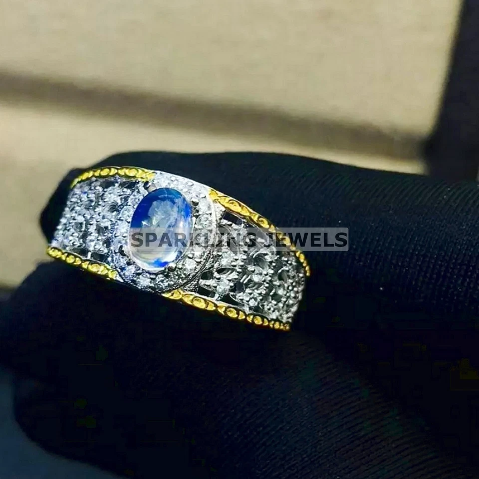 Pedra da lua calibrada corte oval com anel de prata esterlina 925 para homens #C280 - Imagem 3 de 4