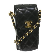 Chanel Vintage Cc Flap Phone Holder Crossbody Bag Quilted Patent Black