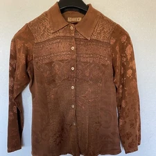 CITRON Santa Monica Rayon Shinny Rust Cowboy Theme Jacquard Floral Blouse Sz XS