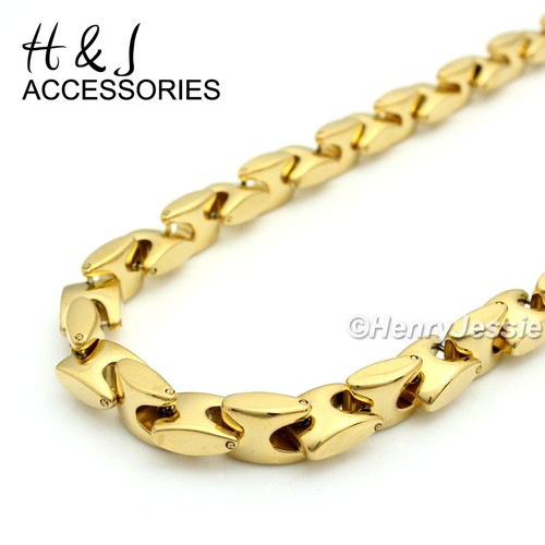 18-40"316L Stainless Steel HEAVY 8mm Gold Plated Interlock Bones Chain Necklace - Picture 2 of 3