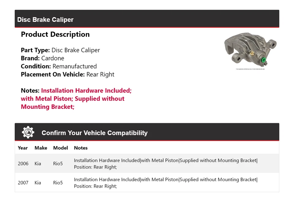 Pinza de freno de disco trasera derecha Cardone para Kia Rio5 2006-2007 Foto 2 de 4