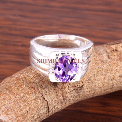 Natural Amethyst Gemstone with 18K White Gold Plated Silver Ring For Men's #213