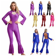 Womens Bodysuit Jazz Dancewear Shiny Bell-Bottom Jumpsuit Backless Rompers Yoga