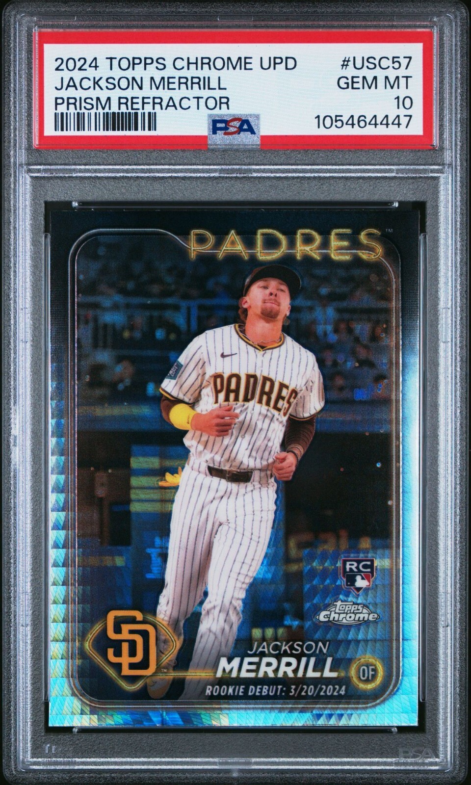 PSA 10 Jackson Merrill 2024 Topps Chrome Update Rookie Debut Prism Refractor GEM