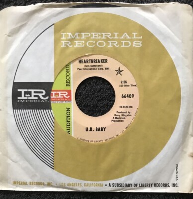 (U.K.) The Baby - Heartbreaker  7'' Vinyl USA PROMO 1969 GLAM EX/VG+ WATCH VIDEO