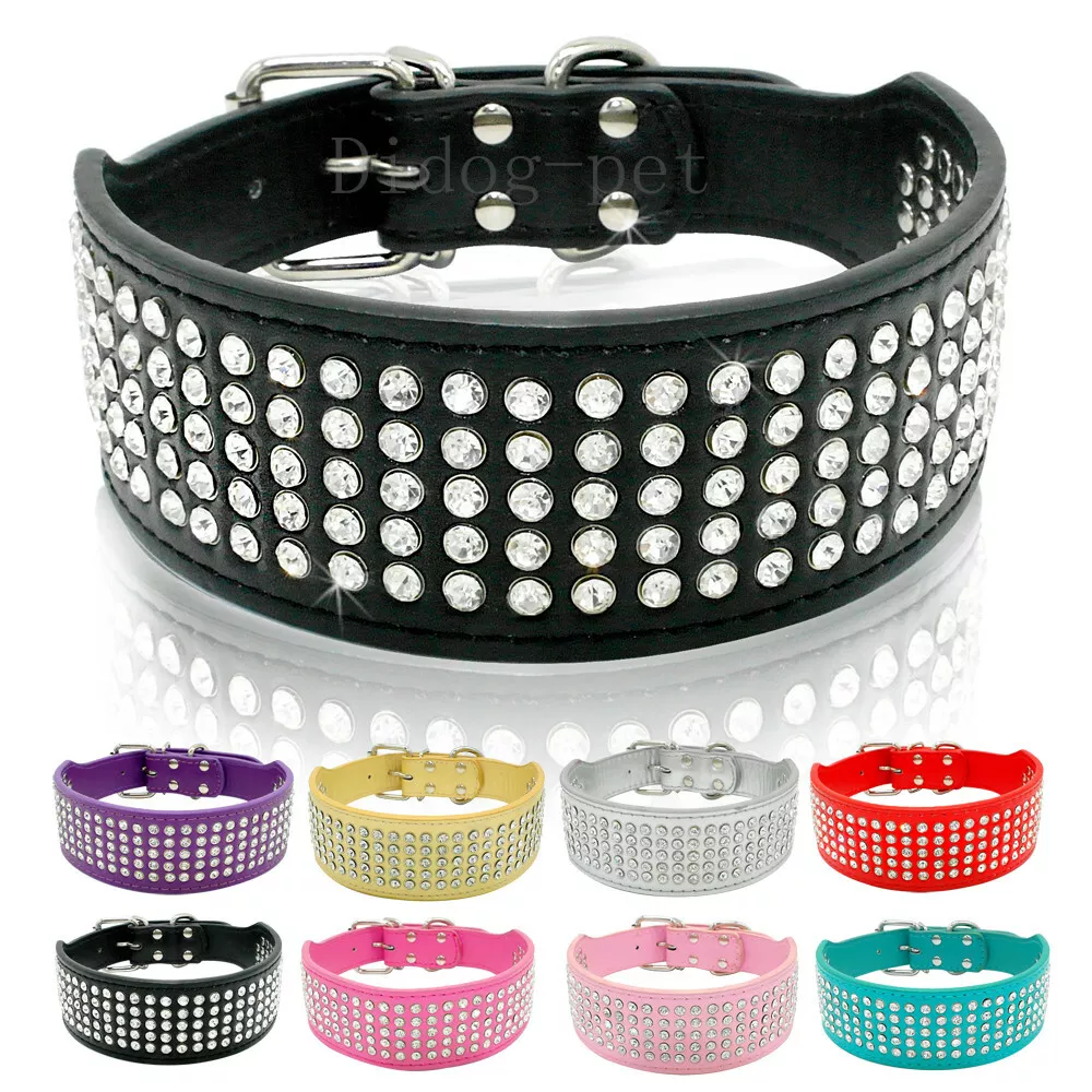Bling Rhinestone Pet Dog PU Leather Collars Medium Large Dogs
