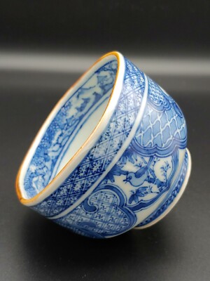 二代真清水藏六青花瓷山水纹花口茶碗Antique Japanese Blue And White