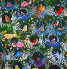 Kaufman Fabric By The Half-Yard Enchanted Aviary Birds Floral on Dk Green Cotton