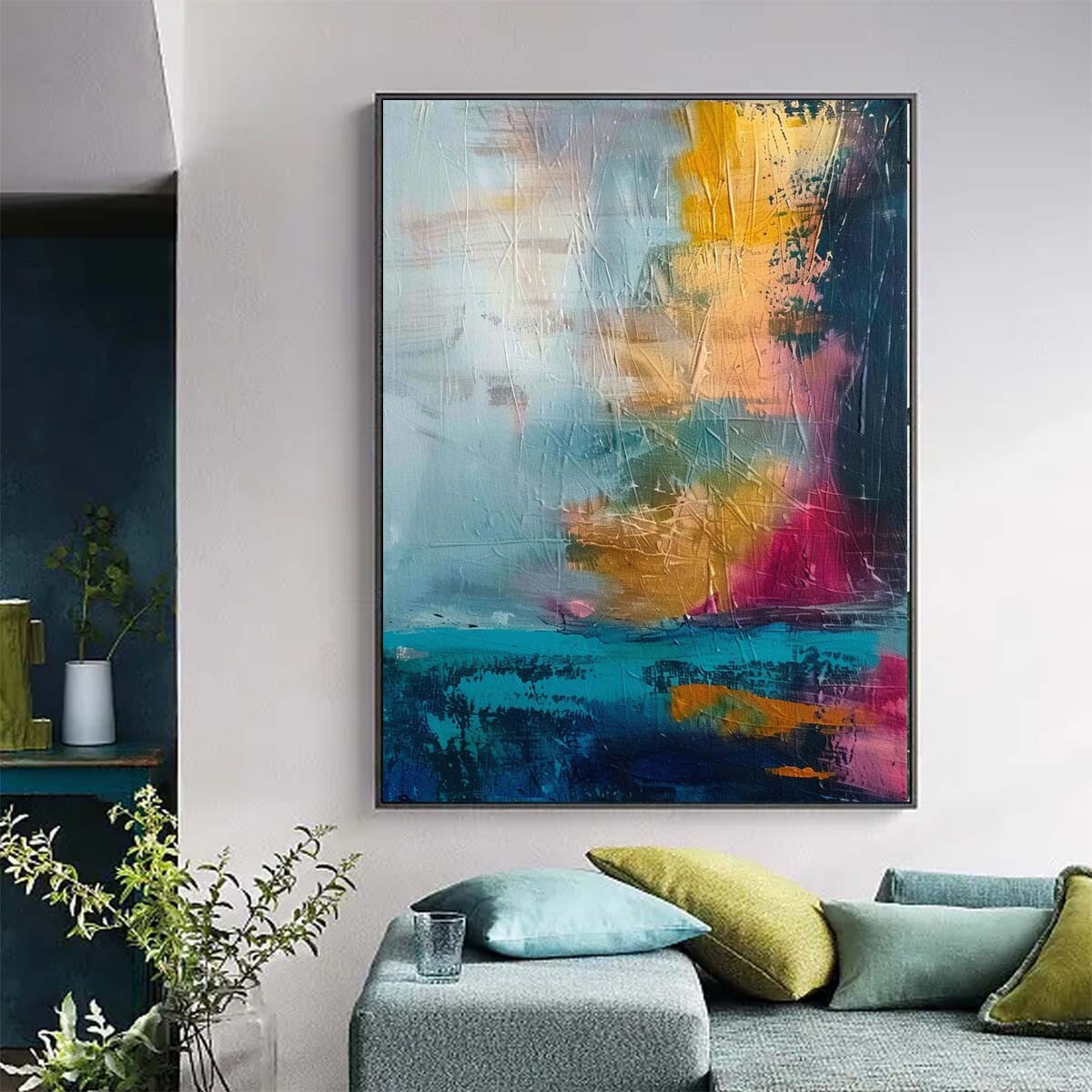 Original Blue hand painted Oil Painting Abstract Modern