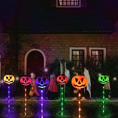 Juego de 6 luces solares de camino de calabaza para decoraciones de Halloween al aire libre, - Imagen 8 de 8