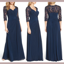 NEW $515 La Femme [ 8 ] Ruched Twisted Lace Sleeve Column Gown in Navy #S395