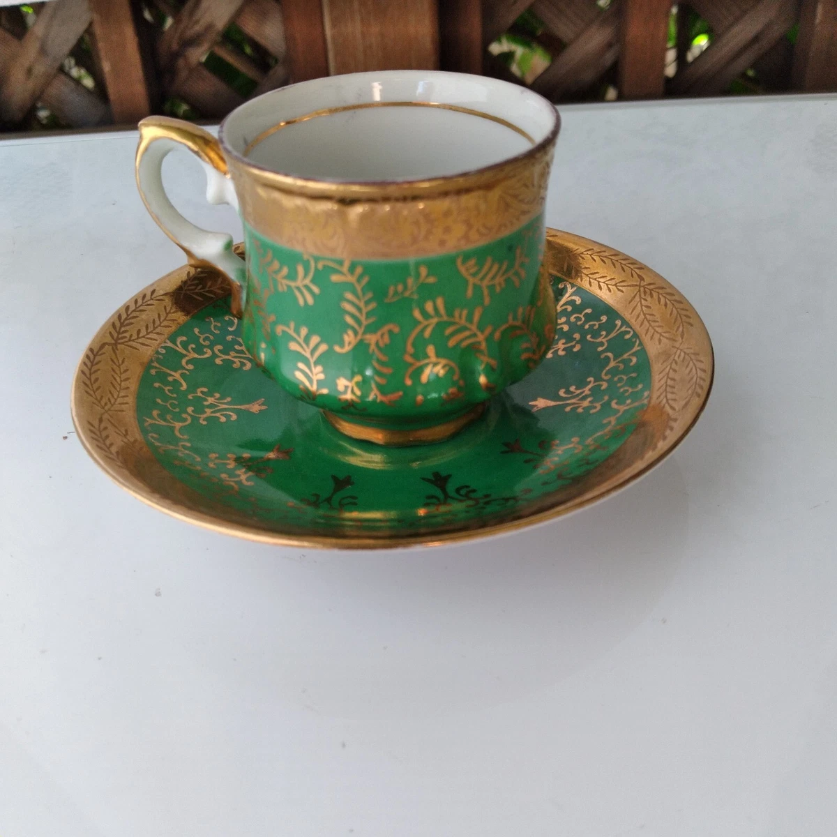 Vintage Tea Cup and Saucer,marking on bottom,green/gold,excellent