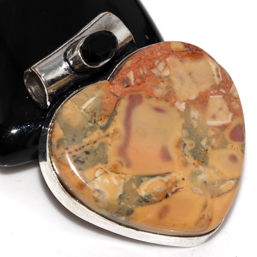 Maligano Jasper Black Onyx 925 Silver Plated Gemstone Pendant 1.3