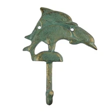 Cast Iron Leaping Dolphins Wall Hook Key Towel Coat Hanger Rustic Green & Gold