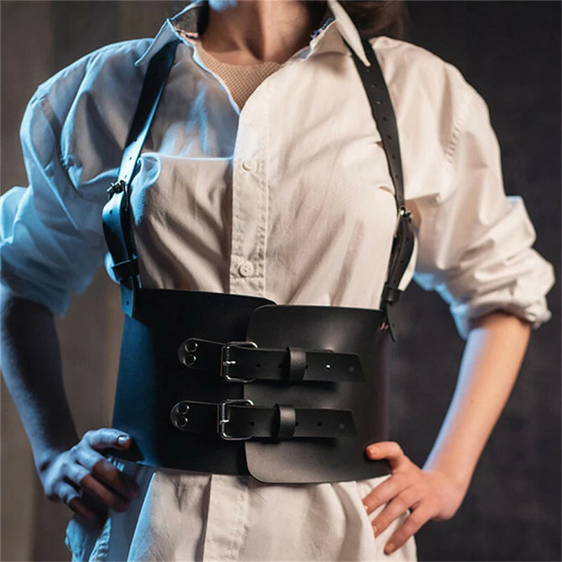 Fetish Women PU Leather Harness Belt BDSM Wide Punk Goth Bra Shoulder Waist Belt - Image 2 of 4