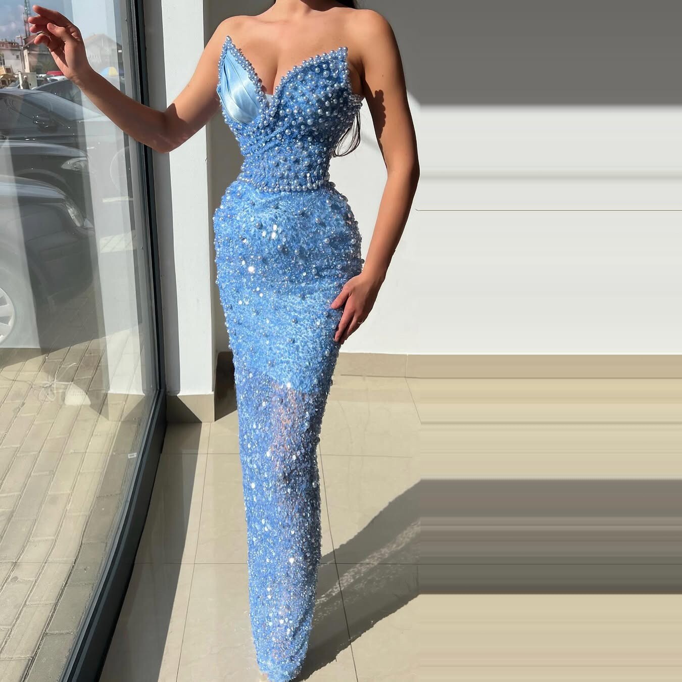 bodycon mermaid evening dress Sweetheart Long-Sleeves Satin Mermaid Prom Dress Beaded Cutout High Slit Formal Gowns Lilac / US10 main image 1