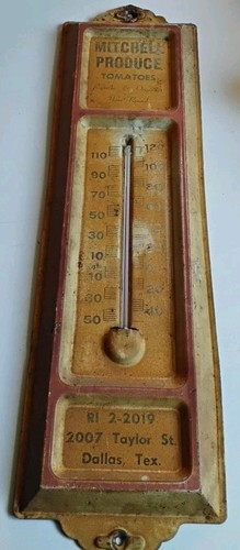 Vintage Mitchell Produce Metal Advertising Thermometer