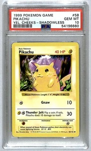 Pikachu 1999 Base Set Shadowless Yellow Cheeks #58 PSA 10