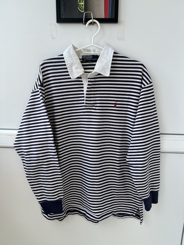Polo Ralph Lauren Vintage Striped Pique Long Sleeve Polo Rugby Shirt Mens Medium