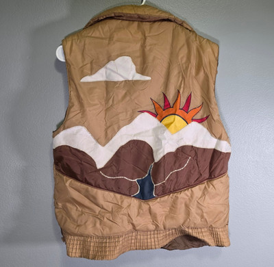 Vintage St Moritz Puffer Vest Mountain Scene Snap Front Tan 80s 90s USA Ski