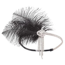 1920s Flapper Headpiece Black Feather Headband Gatsby Rhinestone