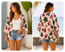 Kimono Floral Lightweight Boho OS Open Cardigan Tropical Beachy Coverup Resort