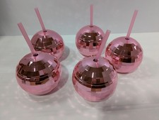 Pink Disco Ball Tumbler Cups with Straws Rose Gold Party Drinkware Set of 5