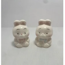 Vintage Bunny Salt & Pepper Shakers Ceramic Pair Red & Blue Bows Made in Taiwan