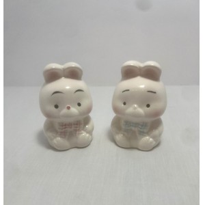 Vintage Bunny Salt & Pepper Shakers Ceramic Pair Red & Blue Bows Made in Taiwan