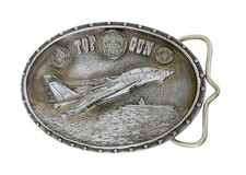 Vtg 1987 Top Gun Belt Buckle F-14 Tomcat Fighter Jet US Navy Aircraft Carrier