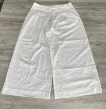 H Halston White Cotton Blend Wide Leg Pleated Pants Women L Pull On NWT