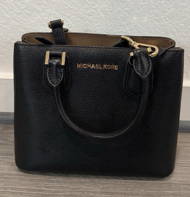 Michael Kors Black Pebbled Satchel Top Handle Bag Gold Hardware Zip, Medium