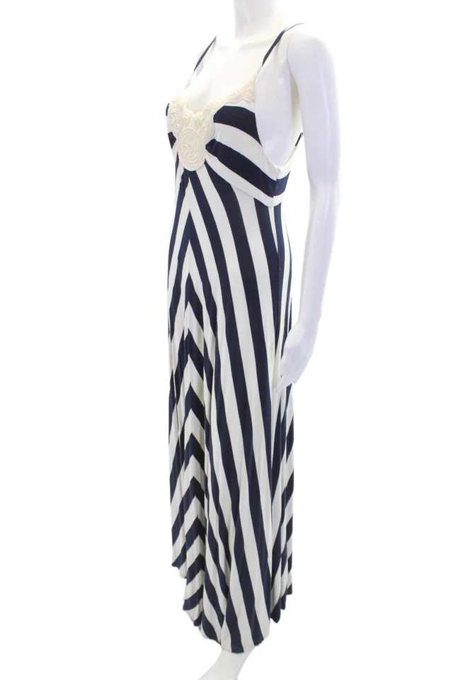 Maxi Vestido Solero Ella Moss Borde de Encaje Cuello en V Rayas Azul Talla M Foto 2 de 4