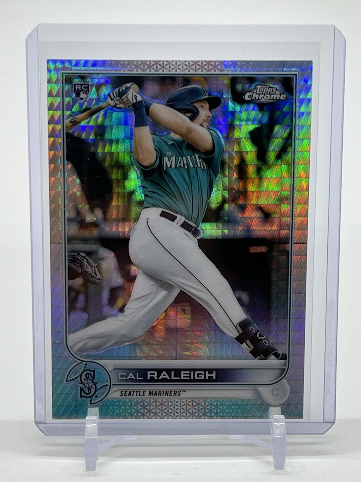 2022 Topps Chrome Baseball #149 Cal Raleigh Prism Refractor Rookie RC Mariners