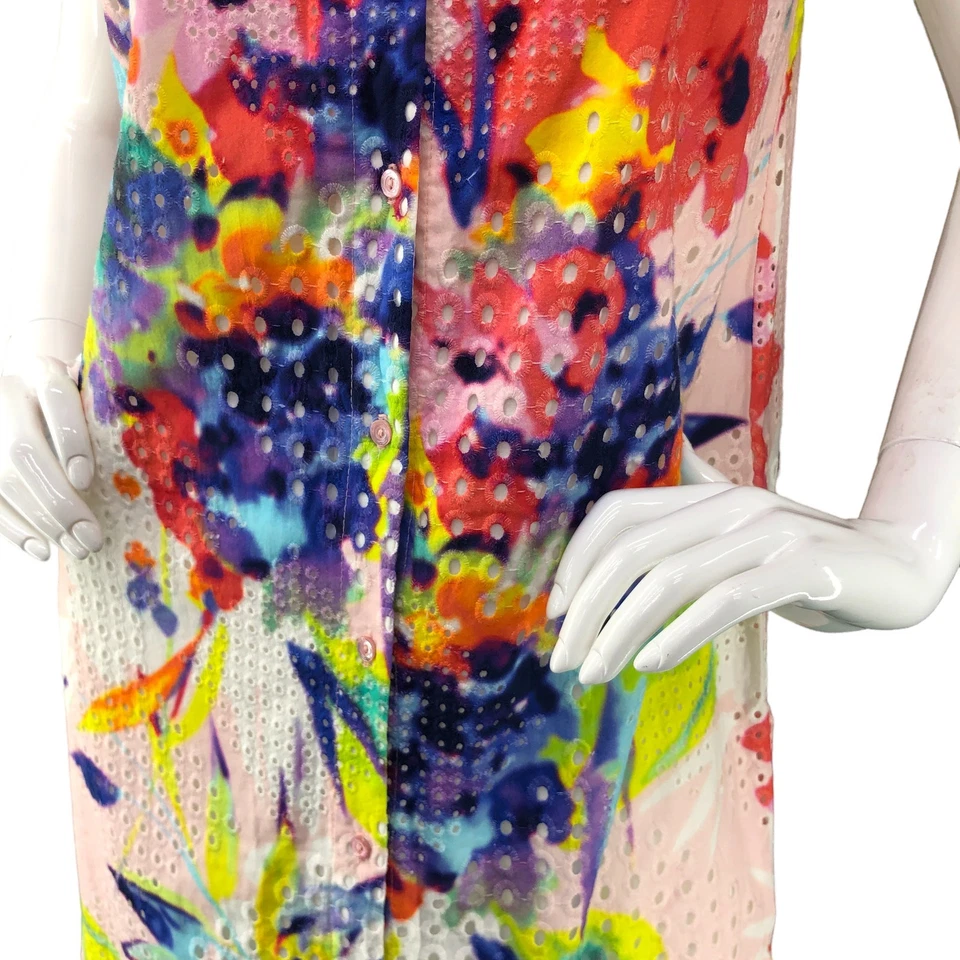 Vestido Camisa Trina Turk Talla 4 Estampado Acuarela Sin Mangas Ojales Encaje Forrado Algodón Foto 4 de 4