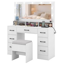 Vanity Desk w/Mirror  Lights, Power Outlets, 3 Color Lighting Modes, 7 Drawers